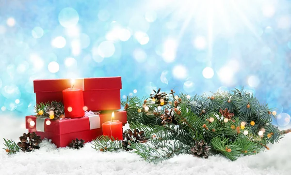 Beautiful Christmas Composition Gifts Burning Candles Snow Color Background — Stock Photo, Image