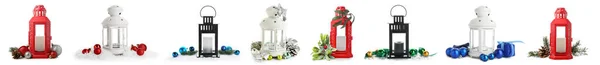 Kerst Lantaarns Met Mooie Decoraties Witte Achtergrond — Stockfoto