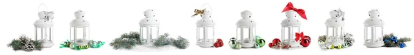 Kerst Lantaarns Met Mooie Decoraties Witte Achtergrond — Stockfoto