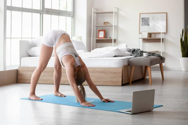 Pretty Young Woman Practicing Yoga Home Morning — Stock Photo, Image