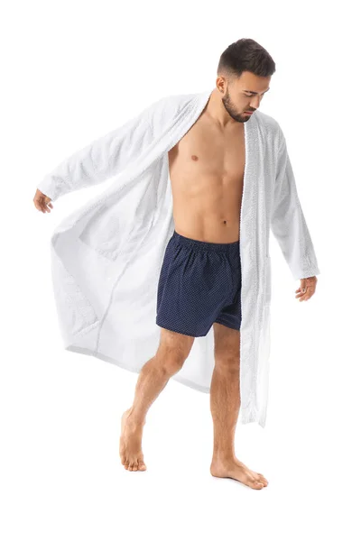 Handsome Young Man Underwear Bathrobe White Background — Stock Photo, Image