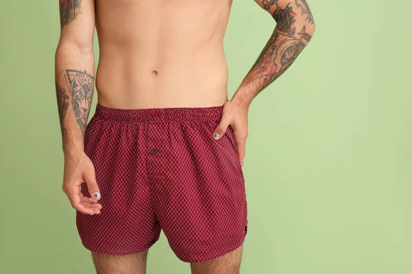 Handsome Young Man Underwear Color Background — Stock Photo, Image
