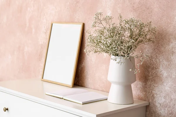 Vase Gypsophila Flowers Book Frame Shelf Pink Wall — Stock Photo, Image