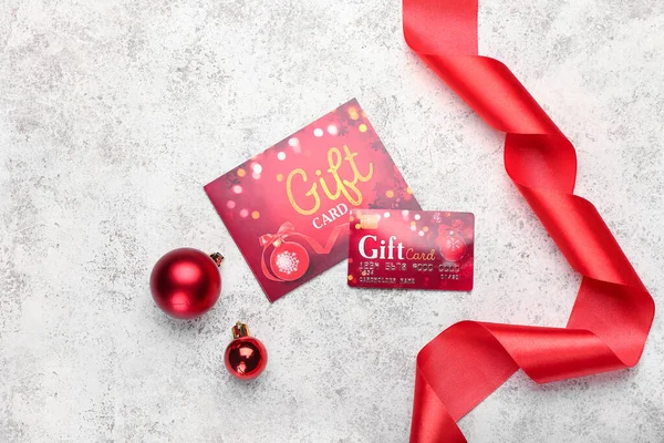 Gift Card Ribbon Christmas Balls Light Background — Stock Photo, Image