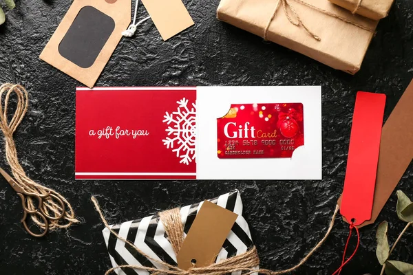 Gift Card Regali Natale Ramo Eucalipto Sfondo Scuro — Foto Stock