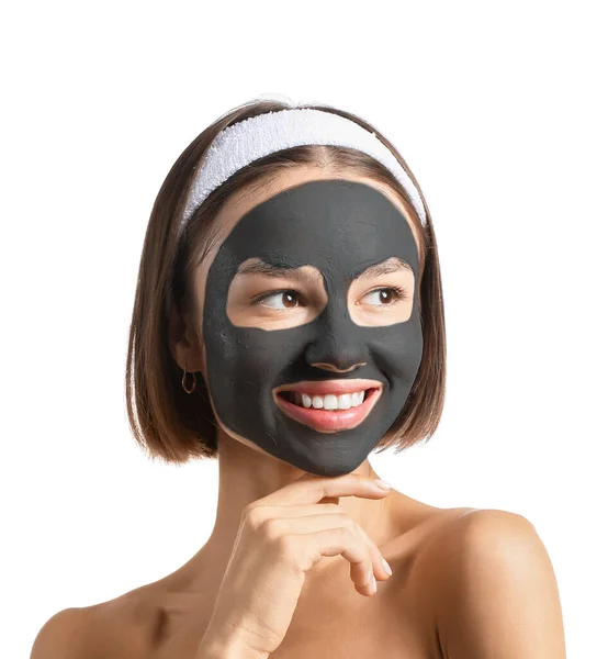 Młoda Kobieta Aktywowaną Maską Węglową Twarzy Białym Tle — Zdjęcie stockowe