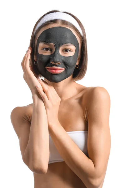 Young Woman Activated Charcoal Mask Her Face White Background — Stock Photo, Image