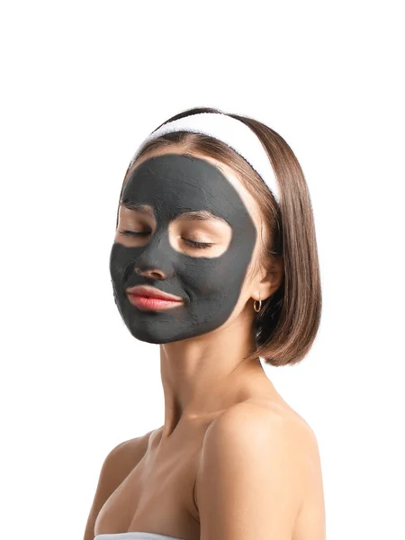 Young Woman Activated Charcoal Mask Her Face White Background — Stock Photo, Image