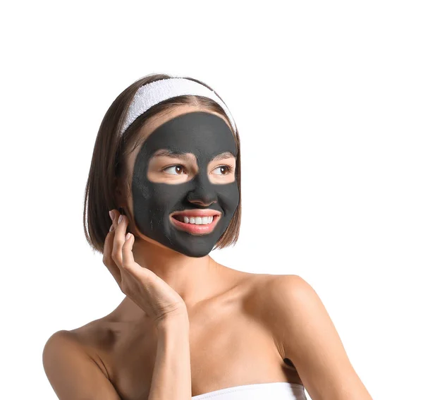 Young Woman Activated Charcoal Mask Her Face White Background — Stock Photo, Image