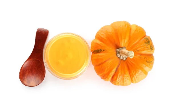 Jar Natural Pumpkin Mask Spoon White Background — Stock Photo, Image