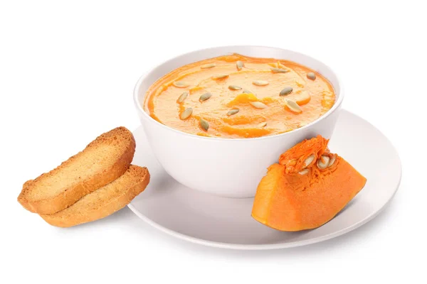 Bowl Delicious Pumpkin Cream Soup Croutons White Background — Stock Photo, Image