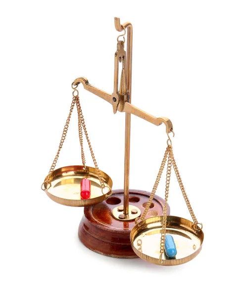 Blue Red Pills Scales Justice White Background Concept Choice Stock Image