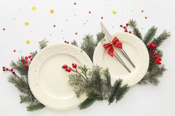 Beautiful Christmas Table Setting Decor White Background — Stock Photo, Image