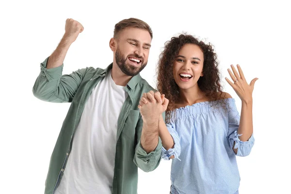 Happy Young Engaged Couple White Background — Stock Photo, Image