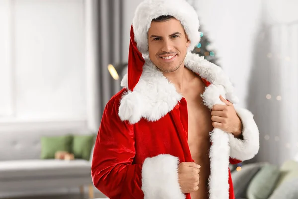 Sexy Young Man Wearing Santa Costume Bedroom — Stock Photo, Image