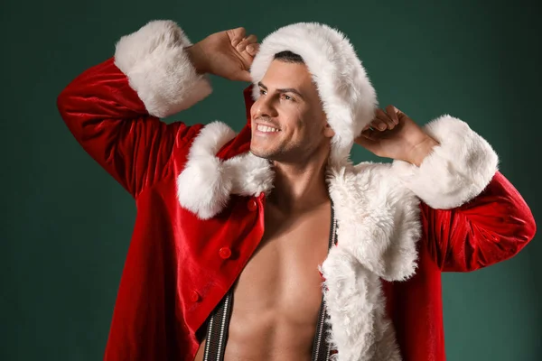 Sexy Young Man Santa Costume Dark Background — Stock Photo, Image