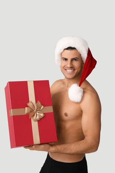 Sexy Young Man Santa Hat Underwear Christmas Gift Light Background — Stock Photo, Image