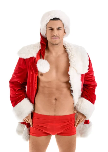 Sexy Junger Mann Weihnachtsmannkostüm Auf Weißem Hintergrund — Stockfoto