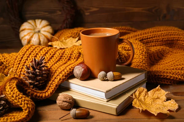 Cup Tasty Coffee Books Autumn Decor Wooden Background — Stock Photo, Image