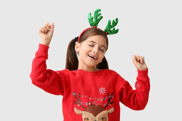 Dancing Little Girl Reindeer Horns Light Background — Stock Photo, Image