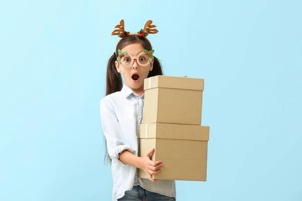 Funny Little Girl Reindeer Horns Gifts Color Background — Stock Photo, Image