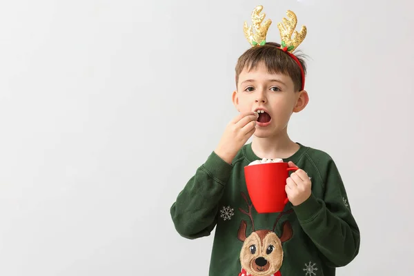 Funny Little Boy Reindeer Horns Hot Chocolate Light Background — Stock Photo, Image