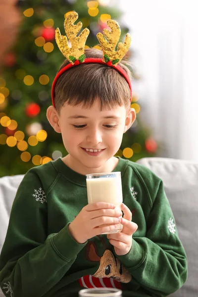 Portrait Little Boy Drinking Milk Home Christmas Eve — Stock Photo, Image