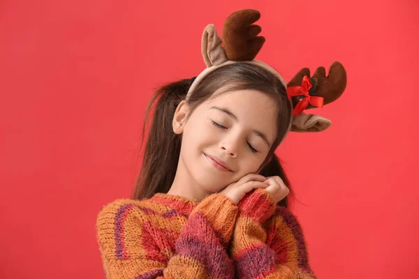 Funny Little Girl Reindeer Horns Color Background — Stock Photo, Image