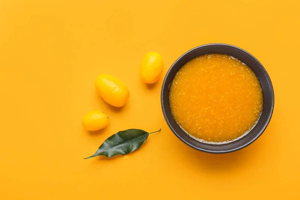 Bowl Tasty Kumquat Jam Fresh Fruits Orange Background — Stock Photo, Image