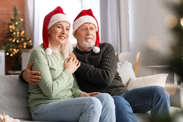 Happy Mature Couple Resting Home Christmas Eve — Stock Photo, Image