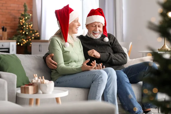 Happy Mature Couple Resting Home Christmas Eve — Stock Photo, Image