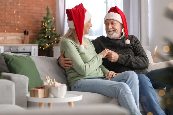 Happy Mature Couple Resting Home Christmas Eve — Stock Photo, Image