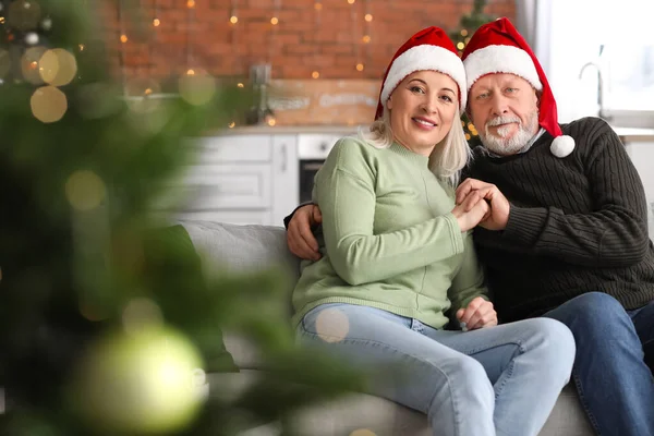 Happy Mature Couple Resting Home Christmas Eve — Stock Photo, Image