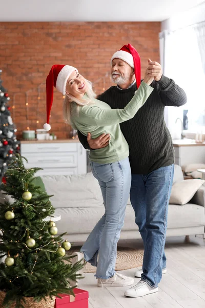 Happy Mature Couple Dancing Home Christmas Eve — Stock Photo, Image