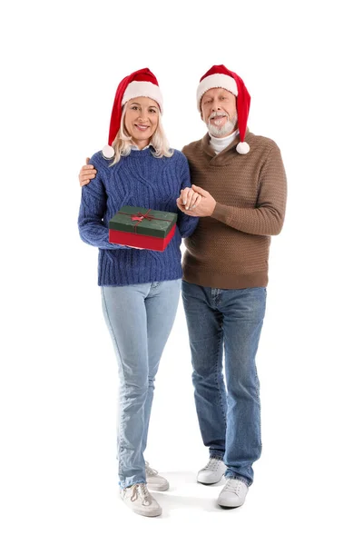 Happy Mature Couple Christmas Gift White Background — Stock Photo, Image