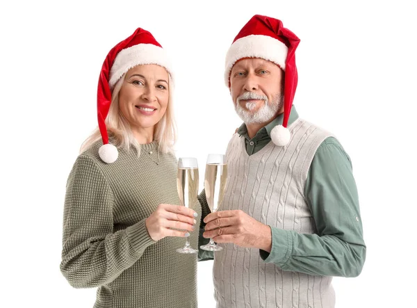 Glad Mogen Par Santa Hattar Och Med Champagne Vit Bakgrund — Stockfoto