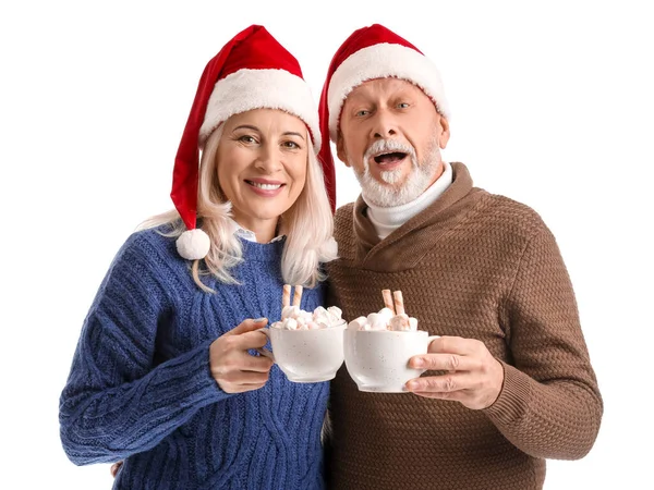 Happy Mature Couple Santa Hats Hot Chocolate White Background — Stock Photo, Image