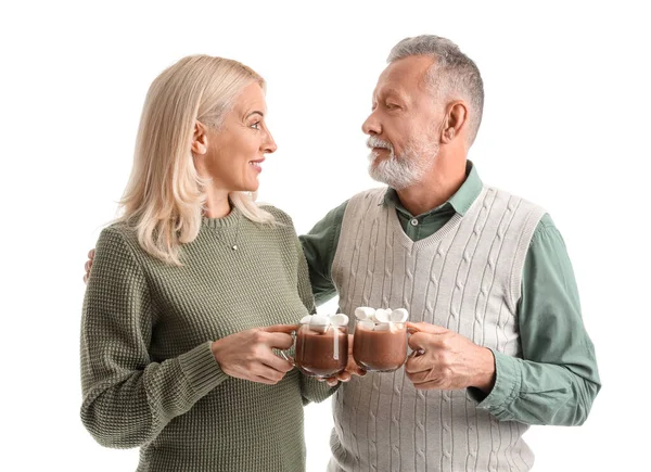 Happy Mature Couple Hot Chocolate White Background — Stock Photo, Image