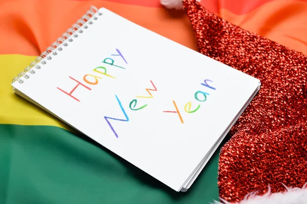 Notebook Text Happy New Year Santa Hat Lgbt Flag — Stock Photo, Image