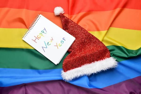 Notatnik Tekstem Happy Nowy Rok Kapelusz Mikołaja Fladze Lgbt — Zdjęcie stockowe