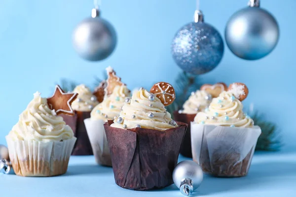 Delicious Cupcakes Christmas Balls Blue Background — Stock Photo, Image