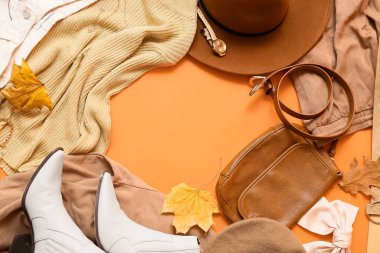 Renkli arka planda modaya uygun kadın kıyafetleri, aksesuarlar ve sonbahar yapraklarından yapılmış çerçeve