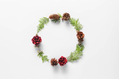 Beyaz arkaplanda köknar dalları ve konilerden oluşan çerçeve