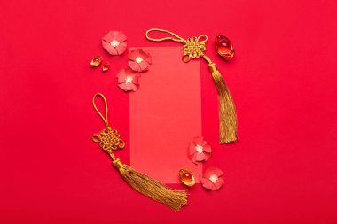 Renk arkaplanında Çince sembolleri olan boş tebrik kartı