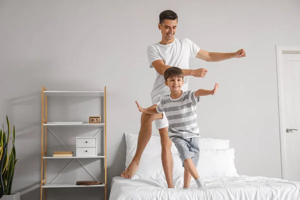 Man His Little Son Dancing Bedroom — Stock Photo, Image