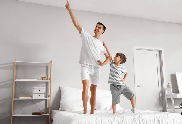 Man His Little Son Dancing Bedroom — Stock Photo, Image