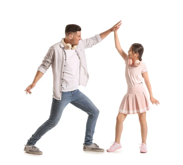 Dancing Man His Little Daughter White Background — Stock Photo, Image
