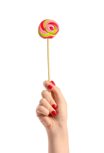 Woman Holding Sweet Lollipop White Background — Stock Photo, Image