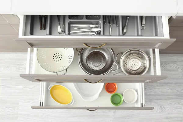 Set Kitchenware Open Drawers — Stock Photo, Image