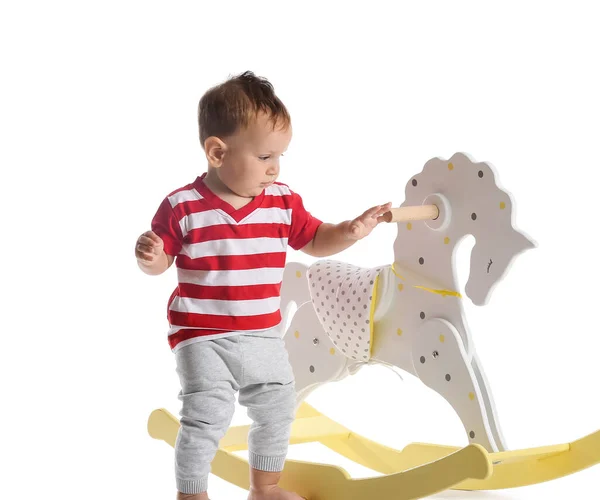 Little Baby Boy Rocking Horse White Background — Stock Photo, Image